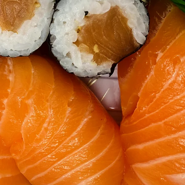 Salmon maki, salmon and avocado rolls and salmon nigiri at Hana Sushi, Winnipeg