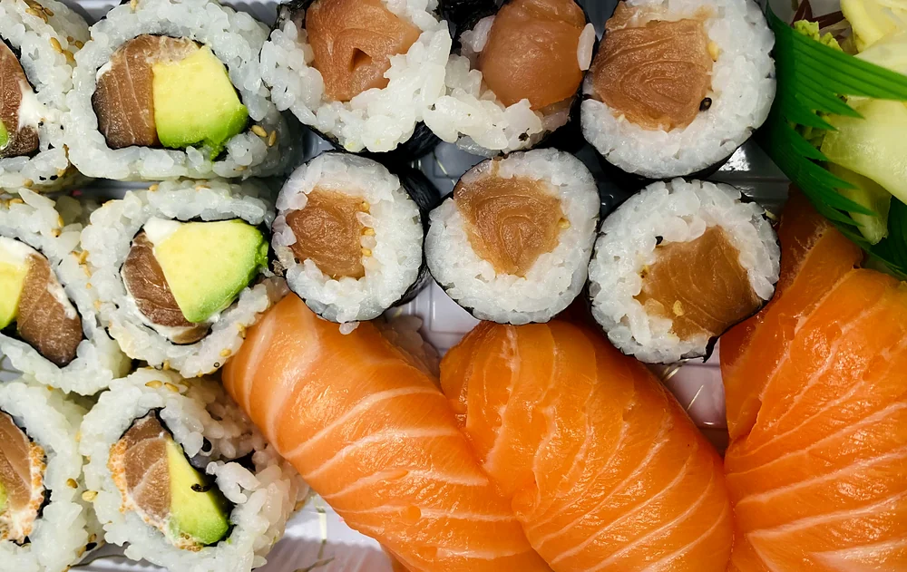 Salmon maki, salmon and avocado rolls and salmon nigiri at Hana Sushi, Winnipeg